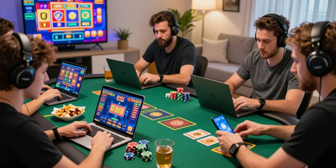 Engaging scene of players enjoying online gaming at https://gamebaidoithuong.is/ with laptops, colorful graphics, and snacks.