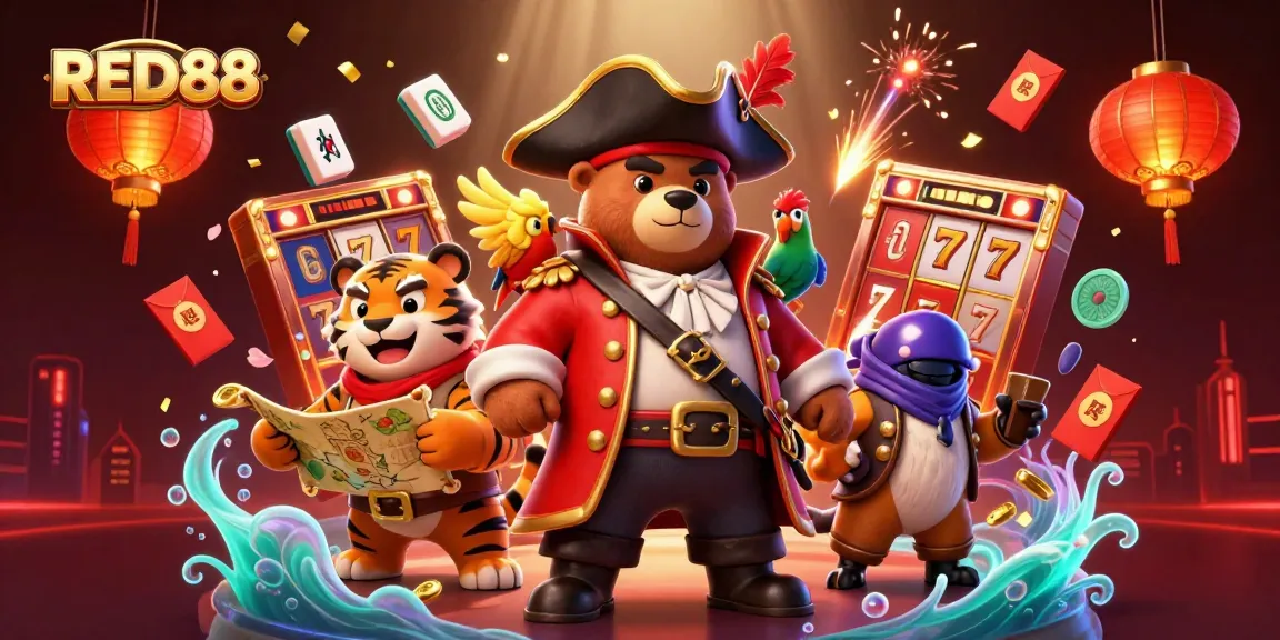 Experience the excitement at RED88 with a vibrant casino scene featuring 3D animated characters and colorful game elements.