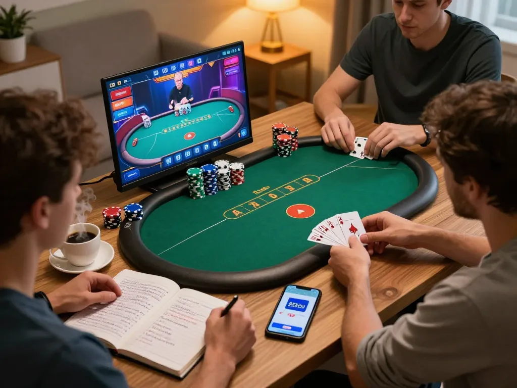 B52club players strategizing during an intense online poker game, showcasing interactive user interface.