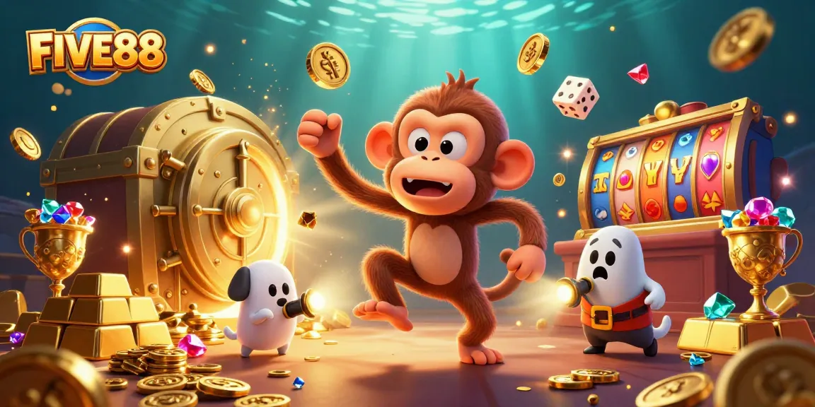Experience the thrill of FIVE88 with a playful poltergeist monkey and ghost-hunter puppy in a vibrant casino.