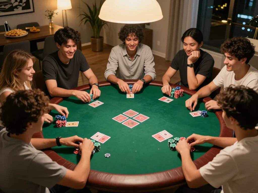 Friends enjoying a poker game at home, with high-stakes excitement capturing the essence of hi88.