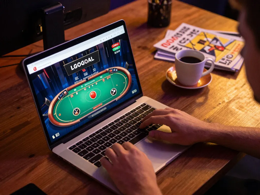 Engaging online gaming scene with LGOGOAL displayed on a laptop, inviting responsible gambling.