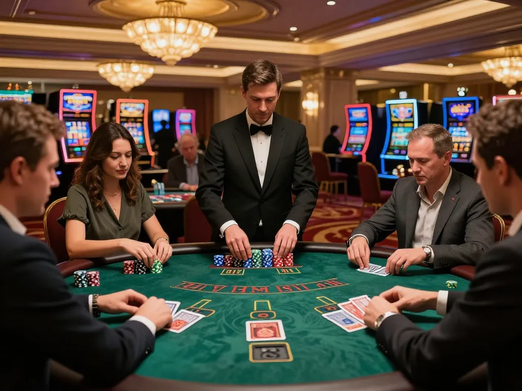 Strategic gameplay at trang chủ kp88 blackjack table with engaged players and dealer.
