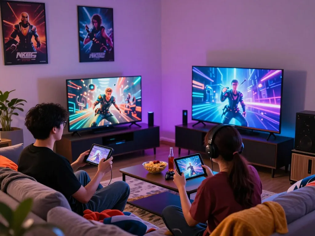 Engaged players enjoying game nk88 in a vibrant living room setting with snacks and drinks.
