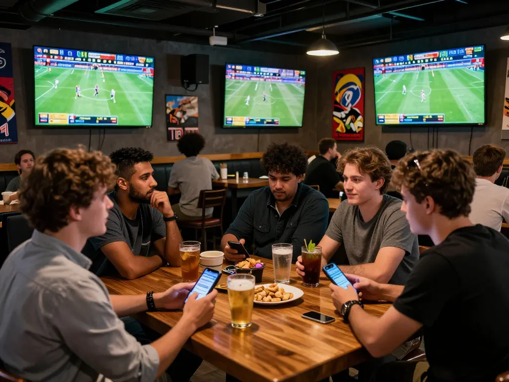 Pelanggan dengan antusias mengikuti Live Score mereka saat bertaruh pada olahraga di sebuah bar olahraga yang ramai