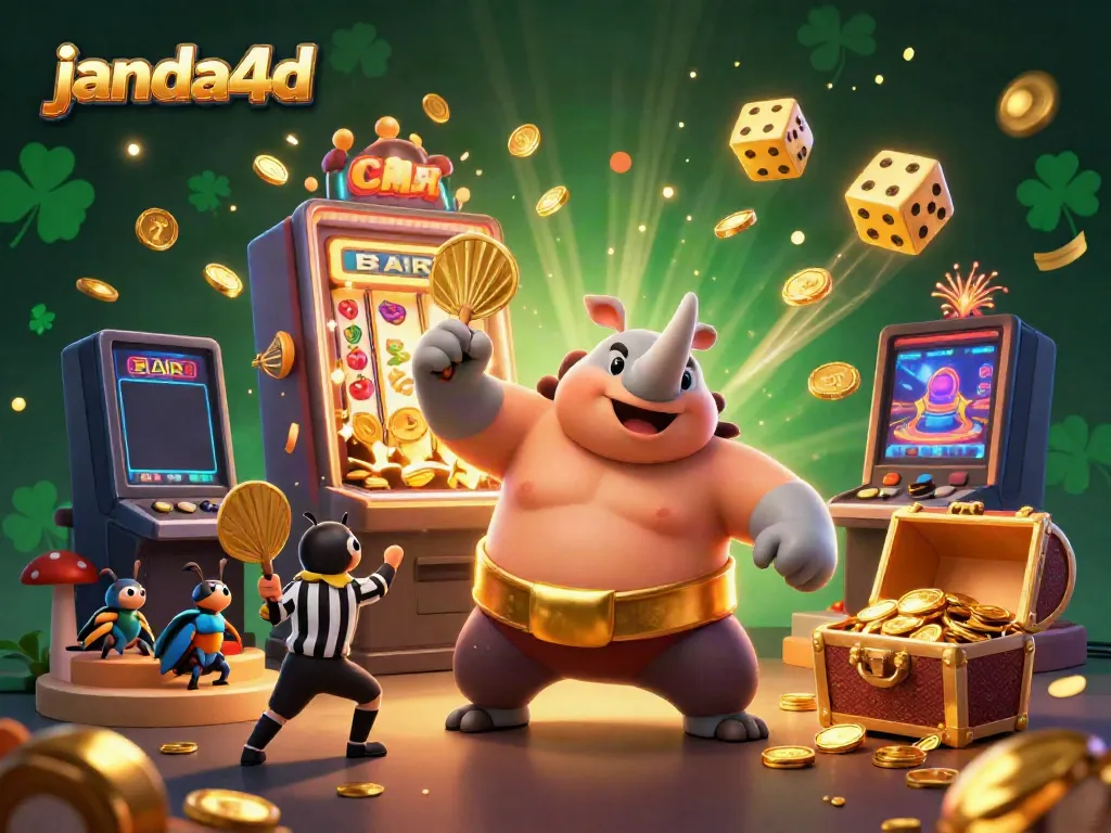 Ilustrasi 3D si juara beetle sumo janda4d yang menarik koin emas dalam suasana kasino.