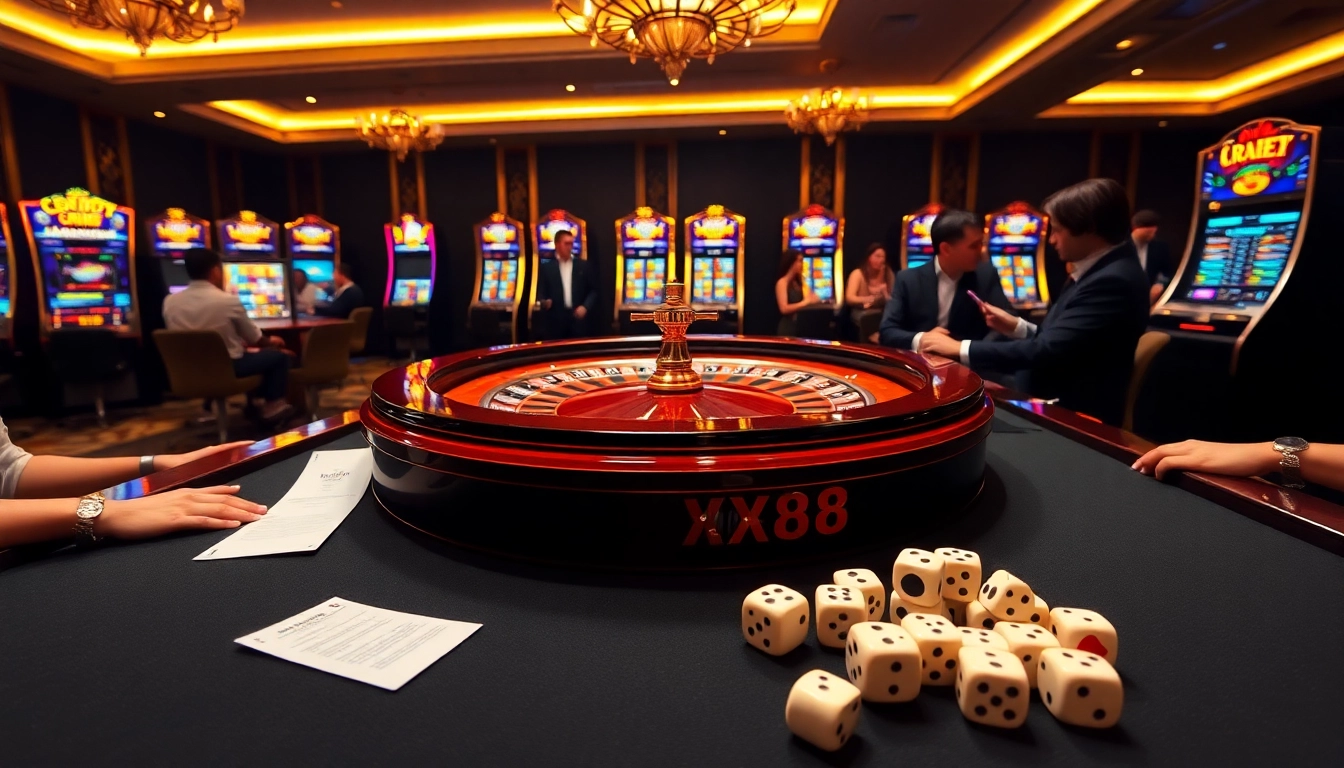 Exciting casino scene showcasing trang chủ xx88 with roulette table, poker chips, and vibrant slot machines.