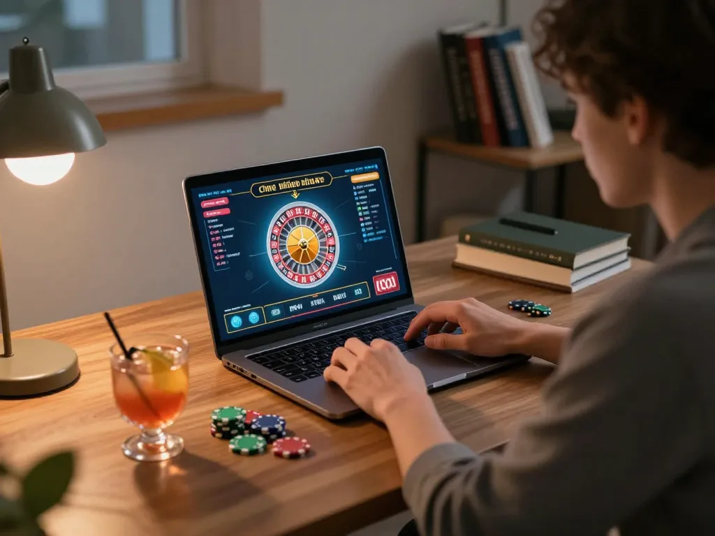 Player engaging with open888 online roulette game at home, showcasing strategic gaming atmosphere.