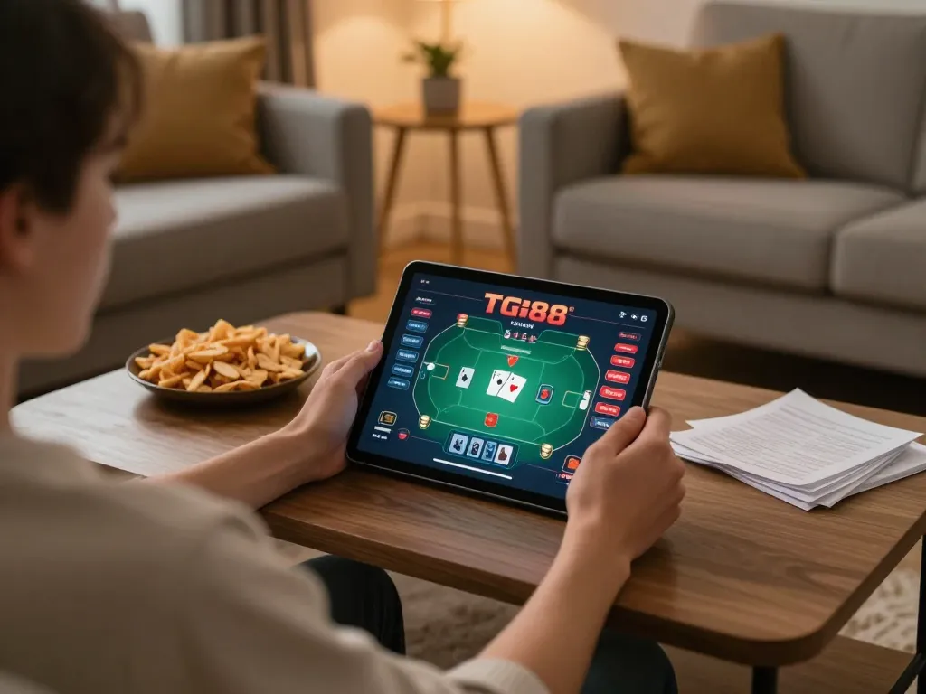 Player engaged in online poker game on TG88, enjoying snacks and a comfortable home setup.