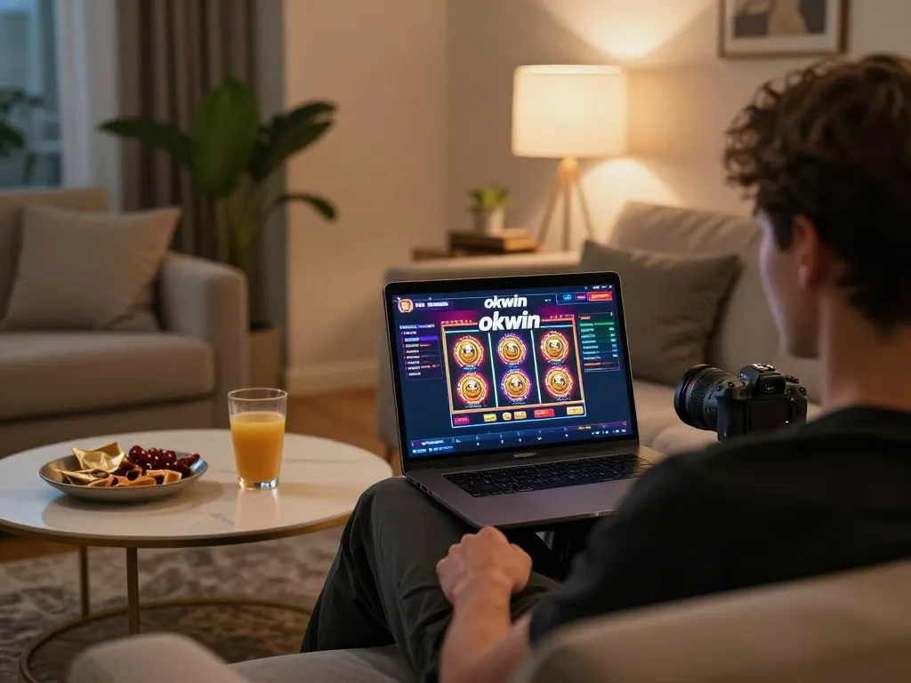 Engaged player enjoying okwin casino games on a sleek laptop in a cozy home setting.