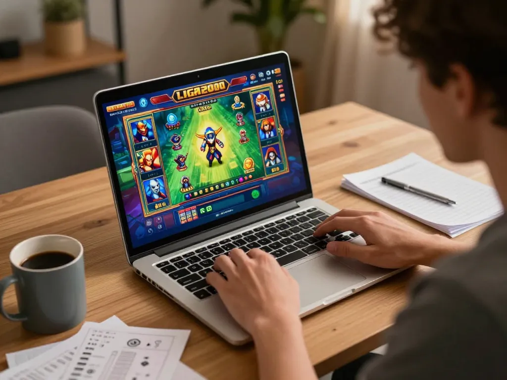 LIGA2000 player engaging with colorful online slot game at home, showcasing gaming strategy.