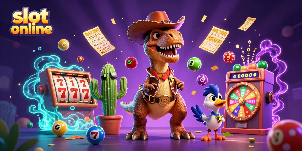 Permainan slot online dengan karakter kartun dinosaur cowboy yang seru, dan elemen jackpot yang menggoda.