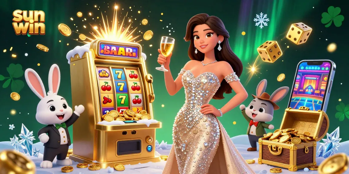 Experience thrilling wins at sun win with a dazzling scene of fortune and celebration, showcasing an elegant woman and a jackpot.
