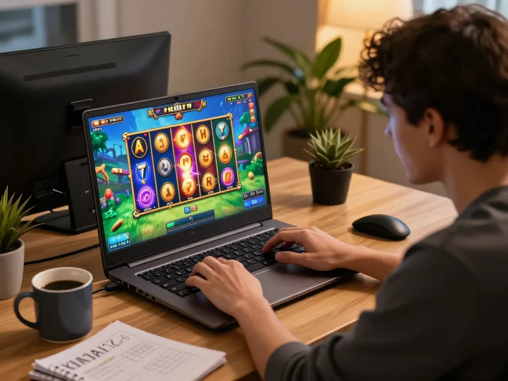 KADAL778 user immersively engaging in interactive gaming on laptop in a warm home setting.