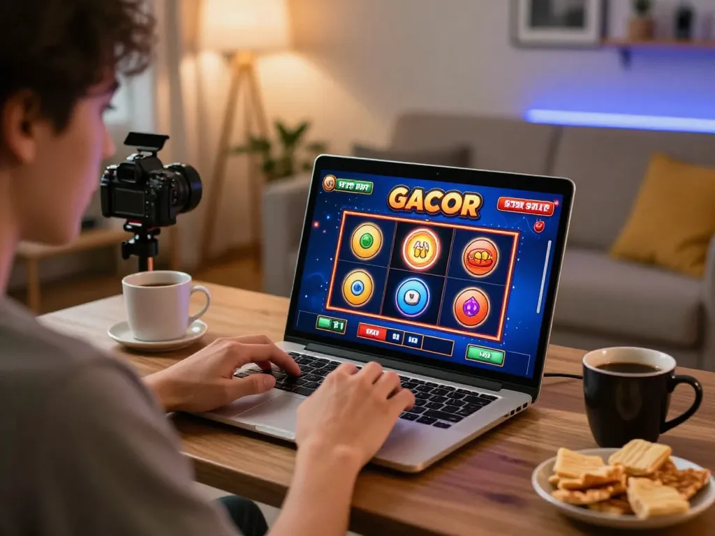 Engaging with an exciting slot gacor game on a laptop in a cozy home setting.