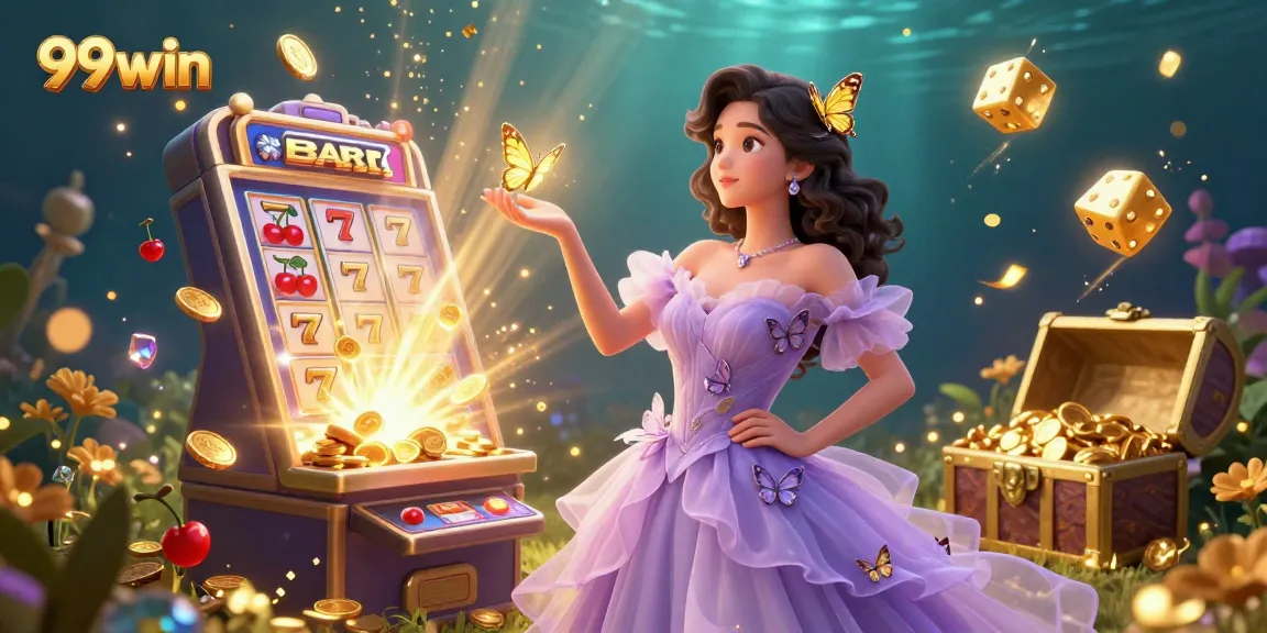 Experience the thrill of 99win with a captivating scene showcasing a stunning woman surrounded by dynamic casino elements and golden butterflies.