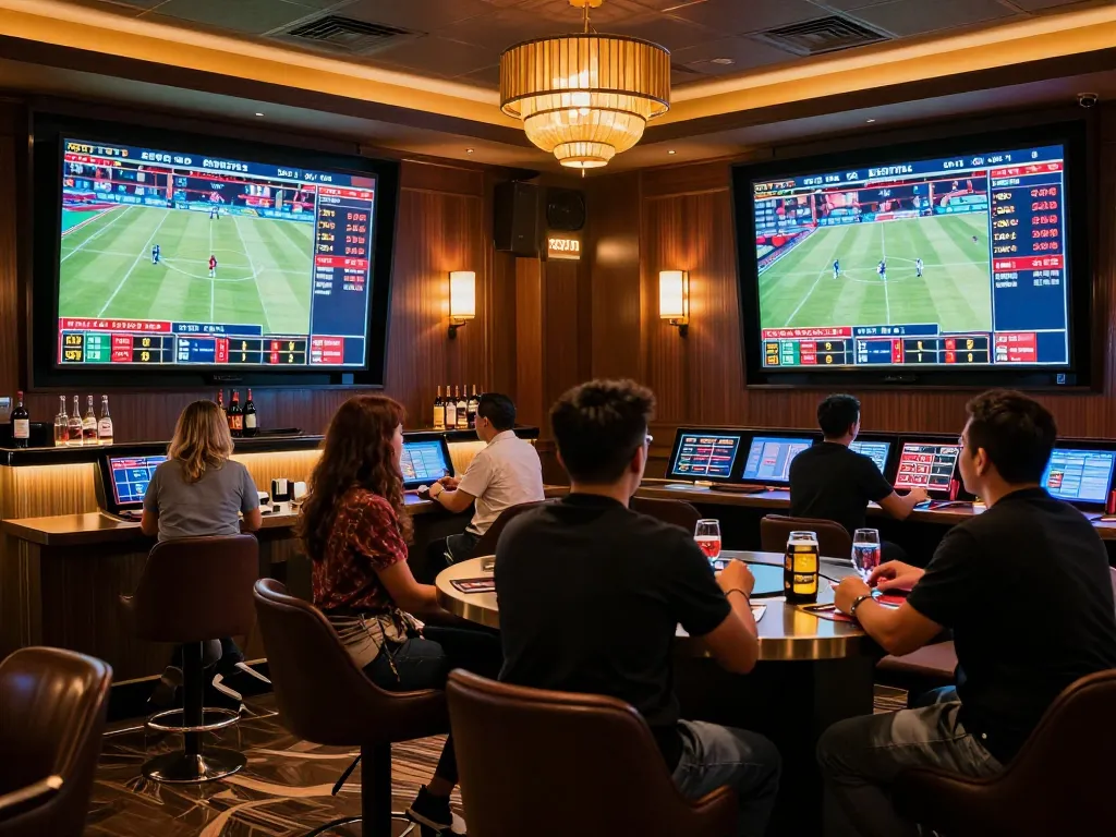 Betting excitement captured at https://kkwin68.info/ sports lounge, showcasing patrons participating in high-stakes wagers.