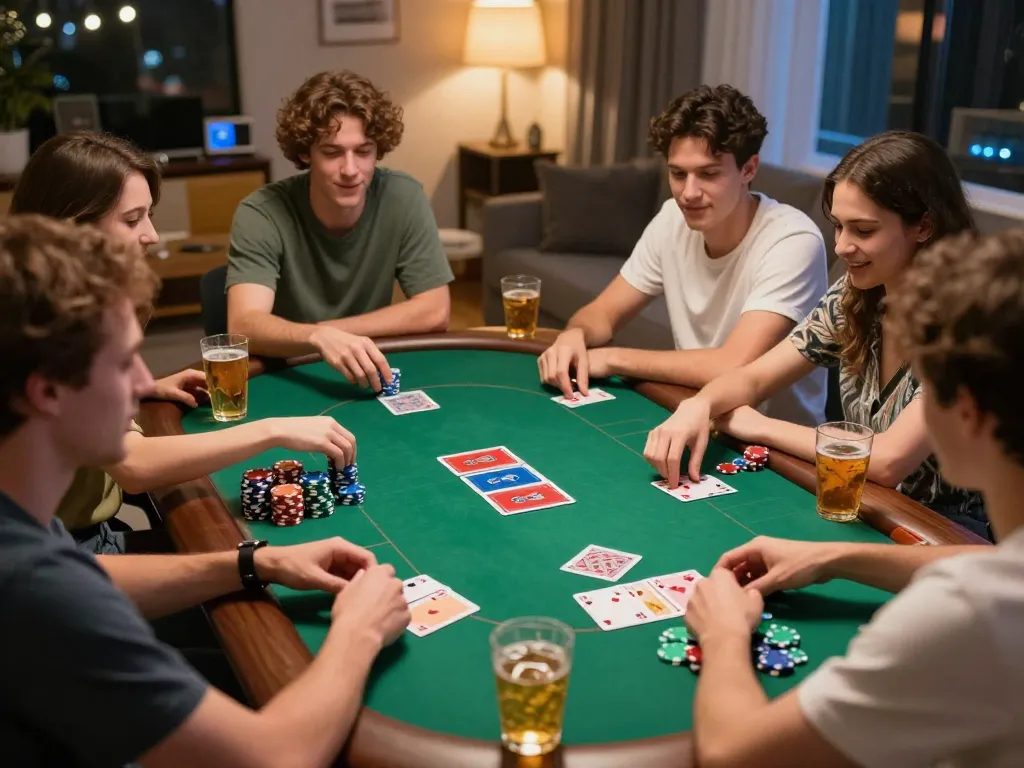 Enjoying ดูหนังออนไลน์ while friends play poker at home, lively atmosphere with chips and cards.