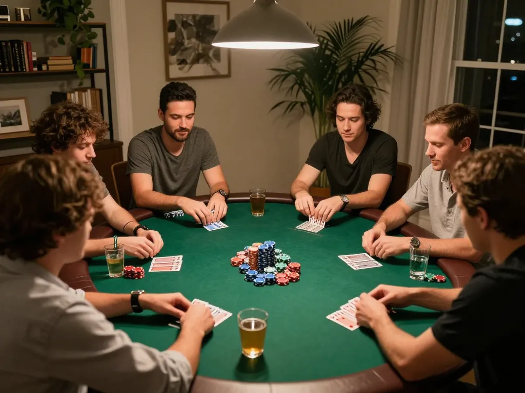Players enjoying poker night at home with mk8th.net, showcasing strategic card play and social engagement