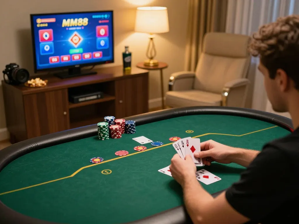 MM88 online player focusing on poker cards amid an exciting gaming environment.