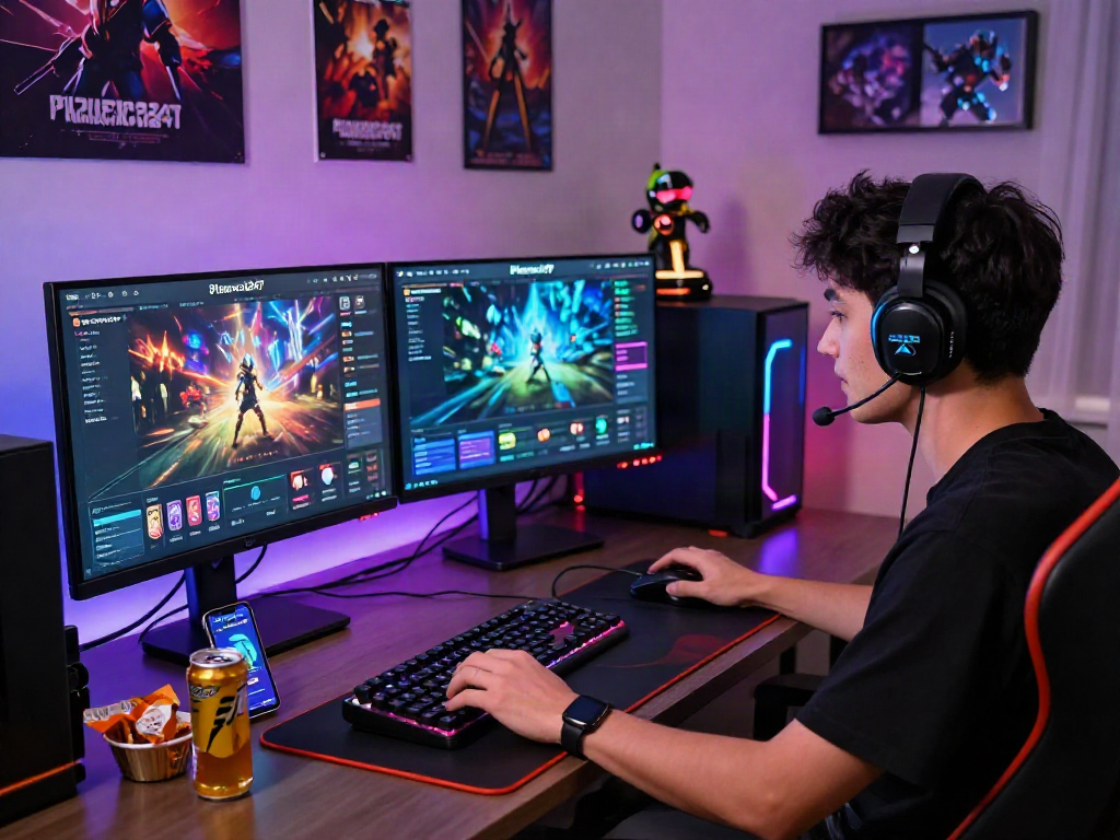 Gamer engaged with Playexch247 interface, showcasing gaming peripherals and vibrant environment.