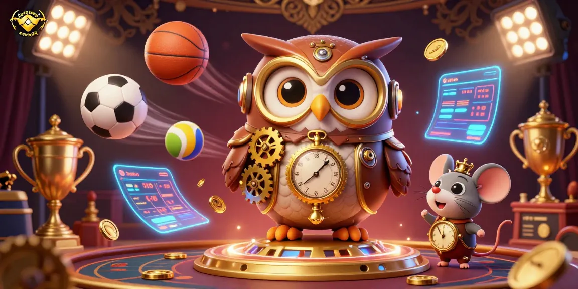 Experience dynamic gaming excitement at cổng game sunwin with a lively 3D illustration showcasing a time-traveler owl and high-energy casino elements.