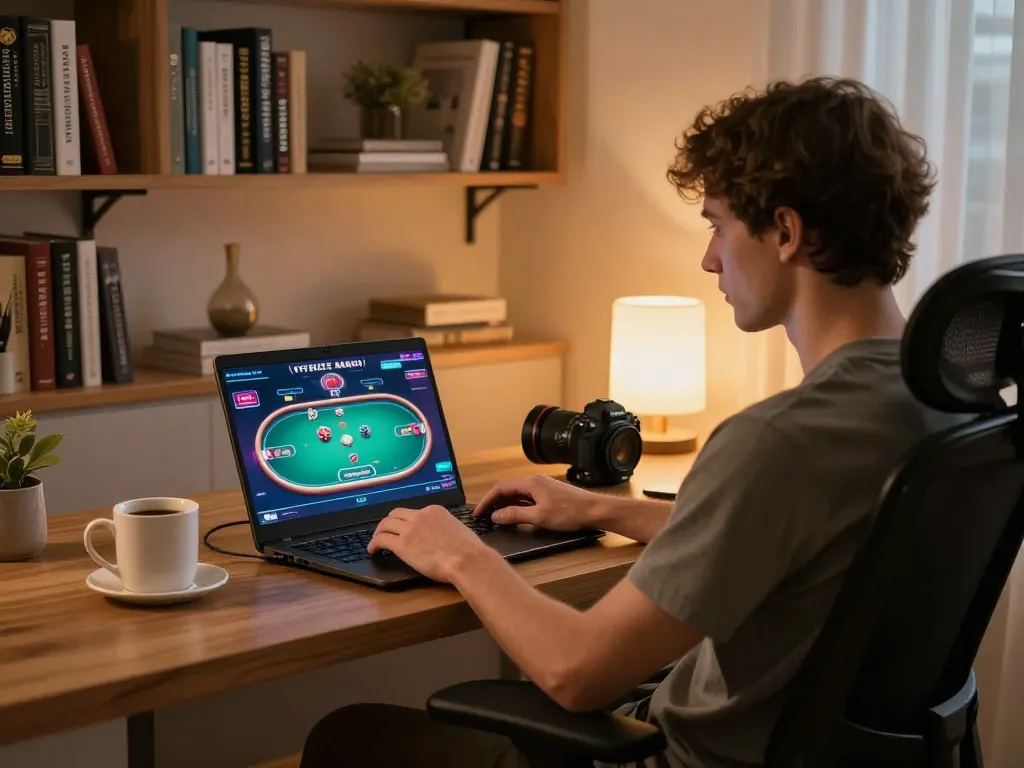 Experience online poker excitement with aa88i in a stylish home office setup.
