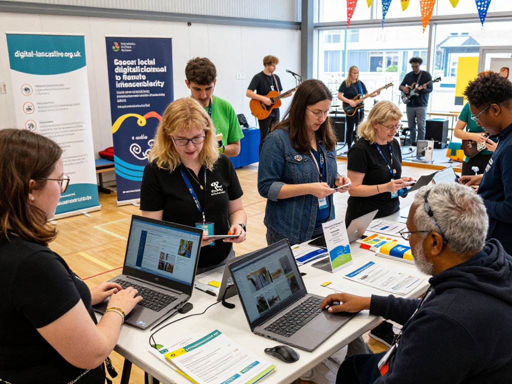 Residents engaging at a digital-lancashire.org.uk community event showcasing local projects.
