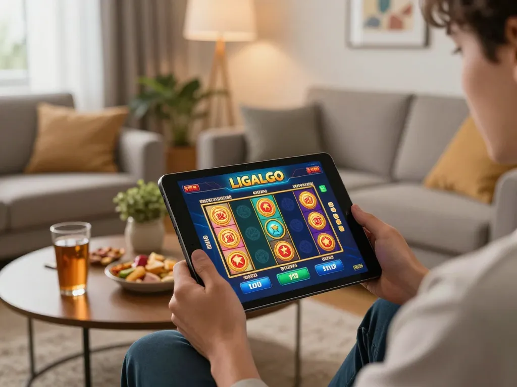 LIGALGO user engaging in exciting slot games on mobile device in modern living room