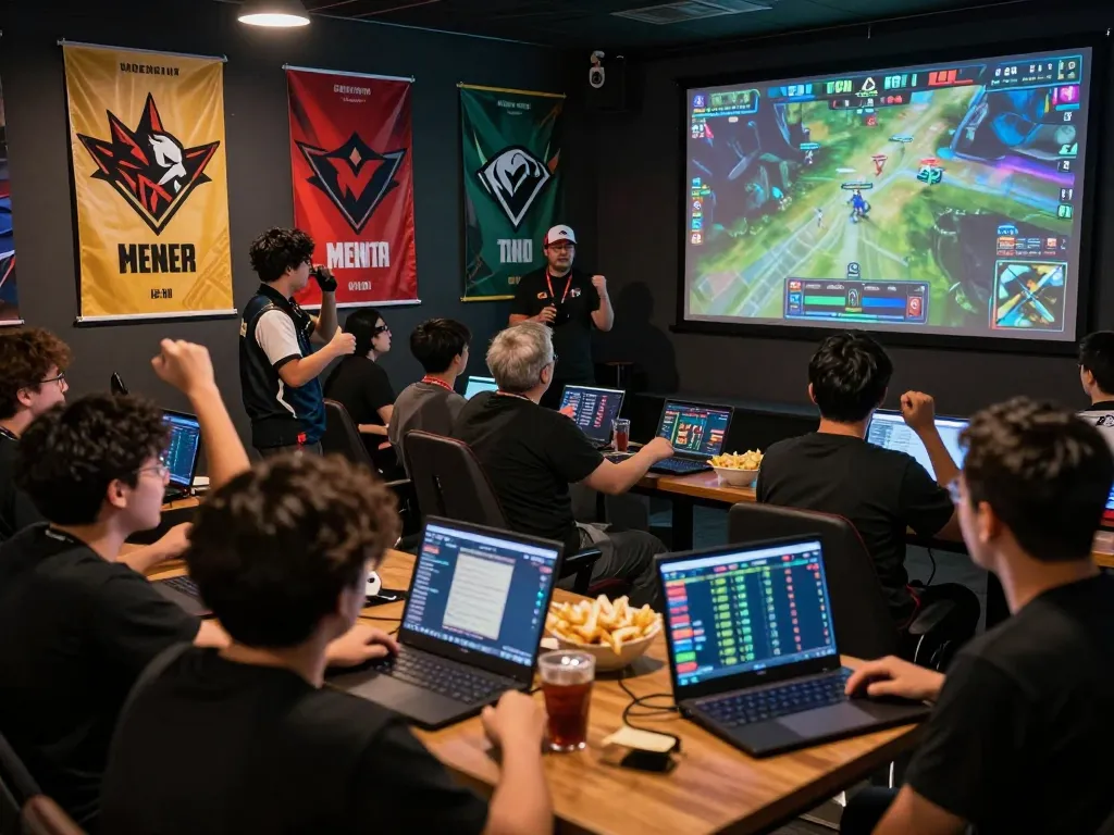 Dota 2 betting action in a lively esports lounge with fans engaged in real-time betting and matches.