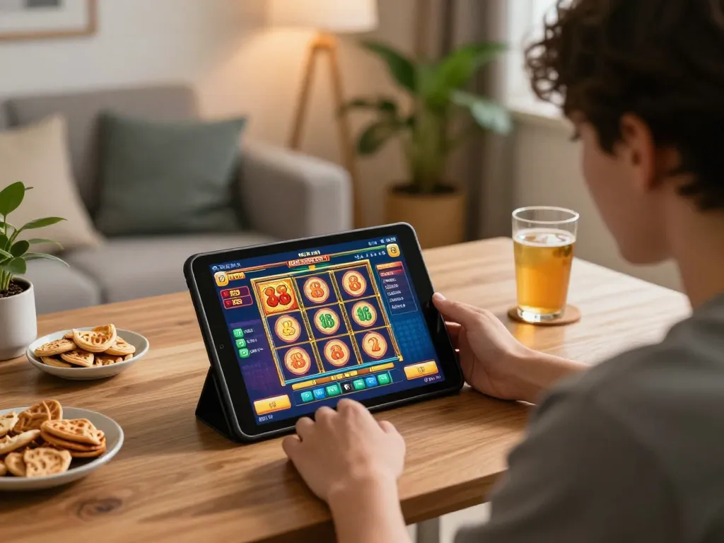 Engaged user playing 88 slot game on tablet in cozy home workspace.
