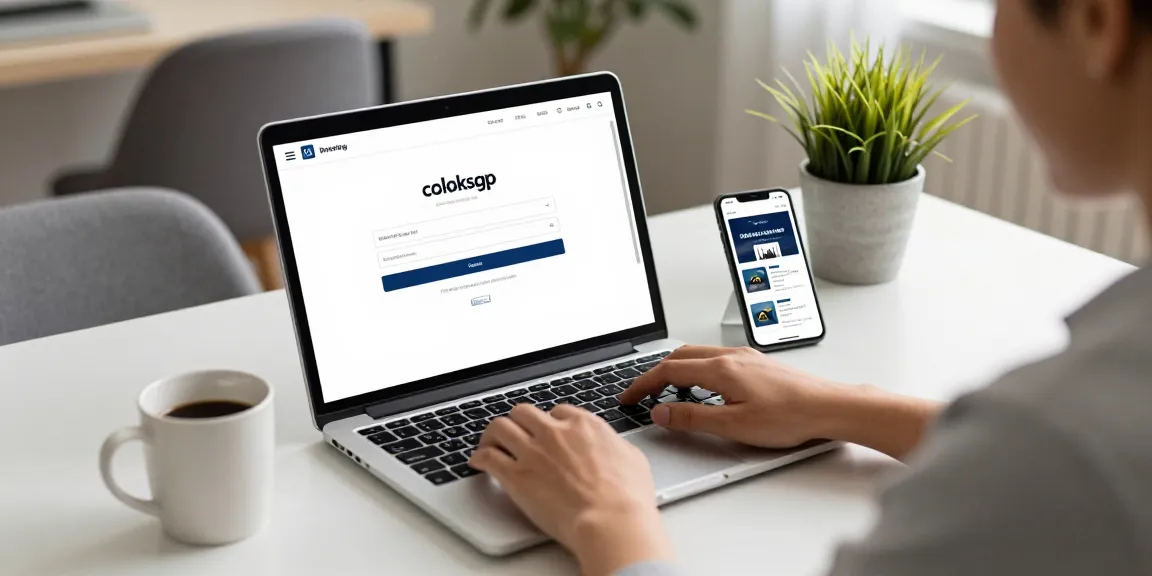 User logging into coloksgp portal, modern workspace with financial tools and a laptop displaying financial management.