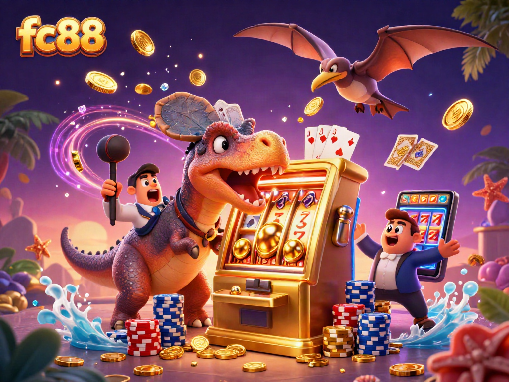 Các nhân vật hoạt hình 3D từ fc88 đang khai thác máy slot với đồng xu vàng và kho báu bay tung tóe.