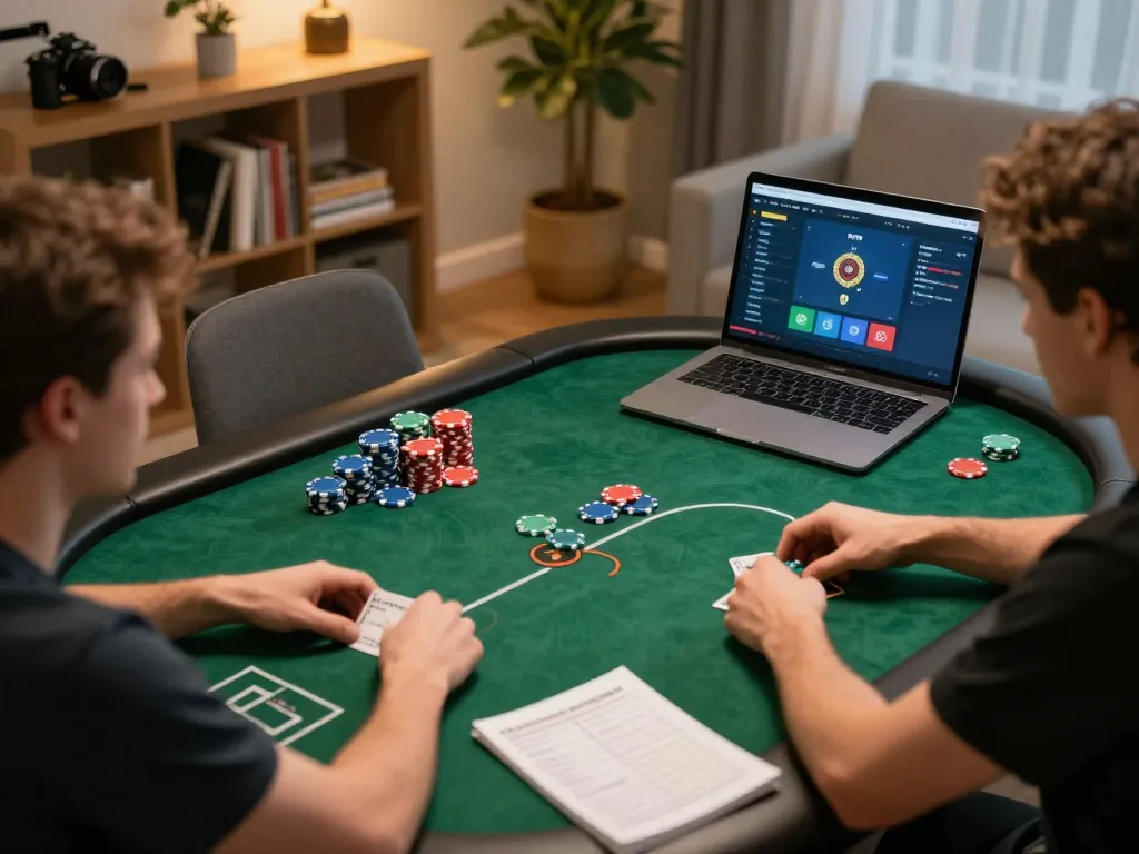 Seorang pemain terlibat dalam permainan poker online di aman788 dengan chip berwarna-warni dan catatan strategis yang terlihat.