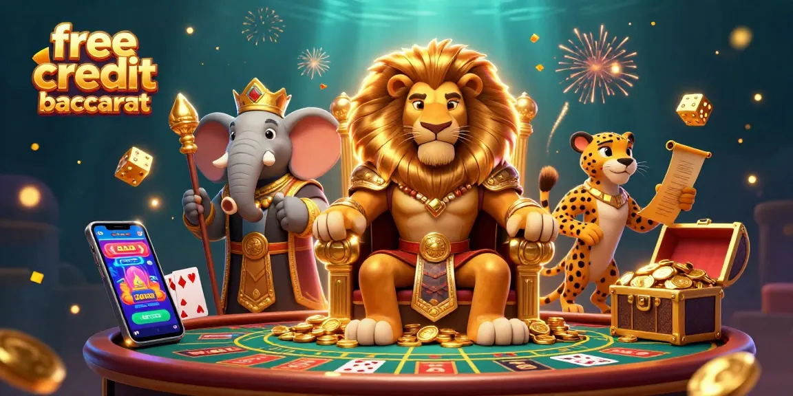 Engage with free credit baccarat in this vibrant scene featuring a lion king, elephant advisor, and cheetah messenger around a baccarat table, promoting excitement.