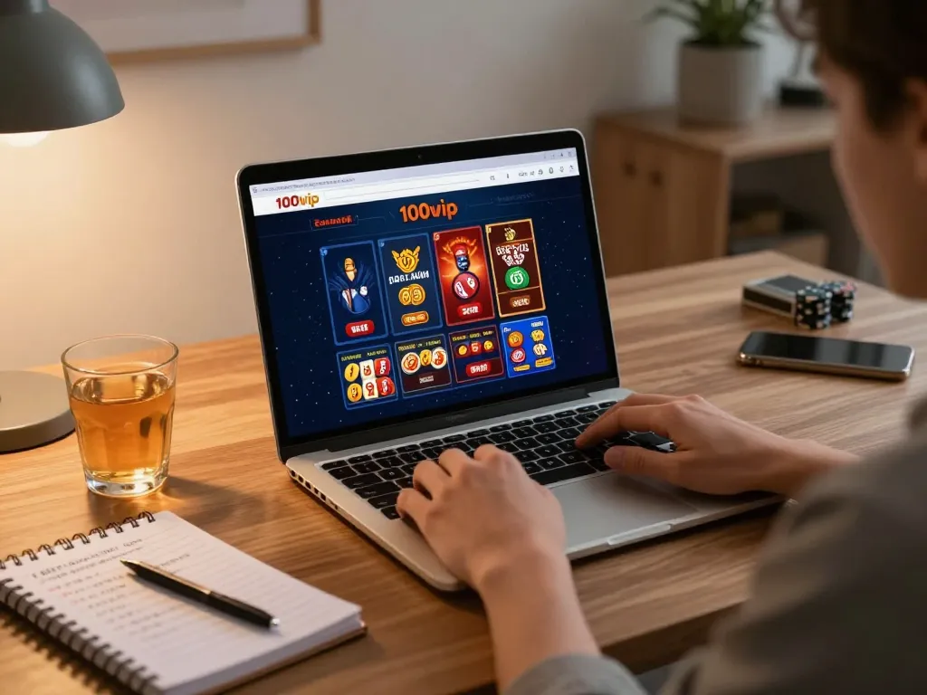 Engaging in online gaming at 100vip platform with stylish home workspace setup.