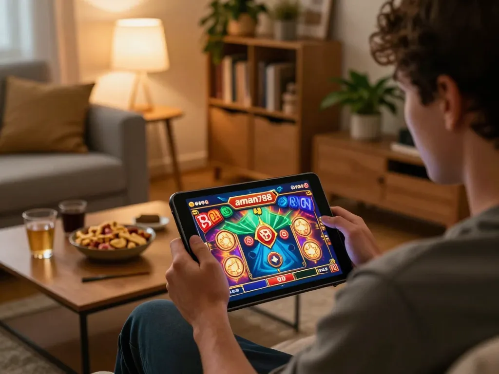 Engaging online slot gameplay with aman788 displayed on tablet in a cozy living room.