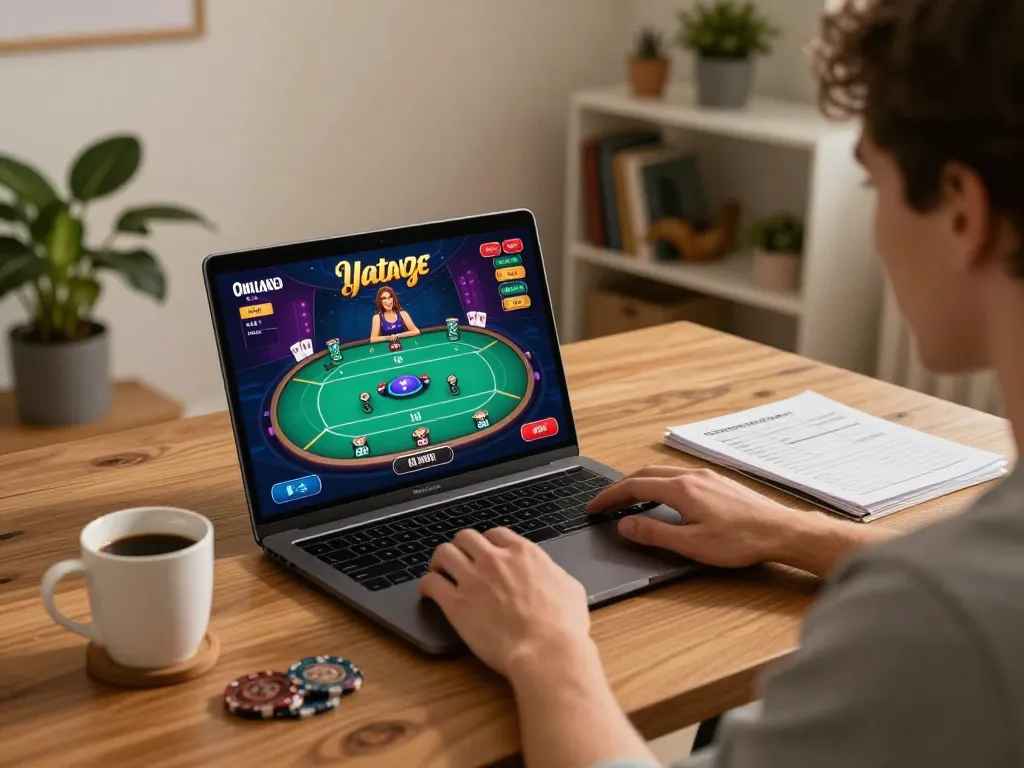 Bl555 player enjoying online poker with strategy notes in a cozy home setup