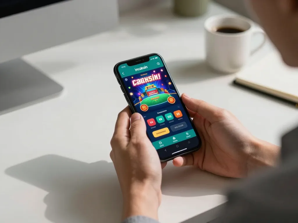Engaging player using incakoin app on smartphone in modern workspace