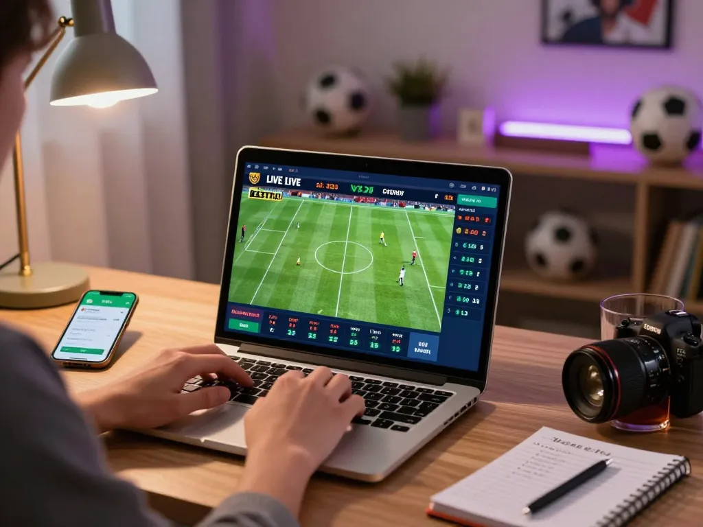 Betting on live football match through UU88 platform on modern laptop, capturing action and strategy.