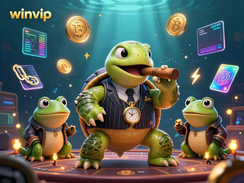 Experience vibrant gaming with winvip through a 3D cartoon scene featuring a suave turtle and bullfrogs.