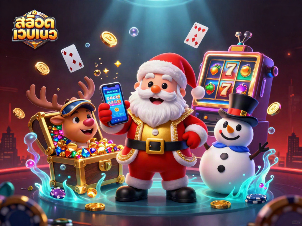 Engage with สล็อตเว็บตรง through a festive casino scene featuring Santa with a slot machine.