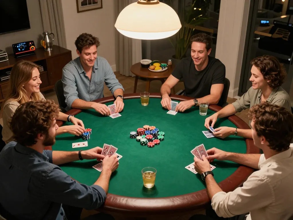 Nhà cái 789win players enjoying an exciting poker night with friends over drinks and snacks.