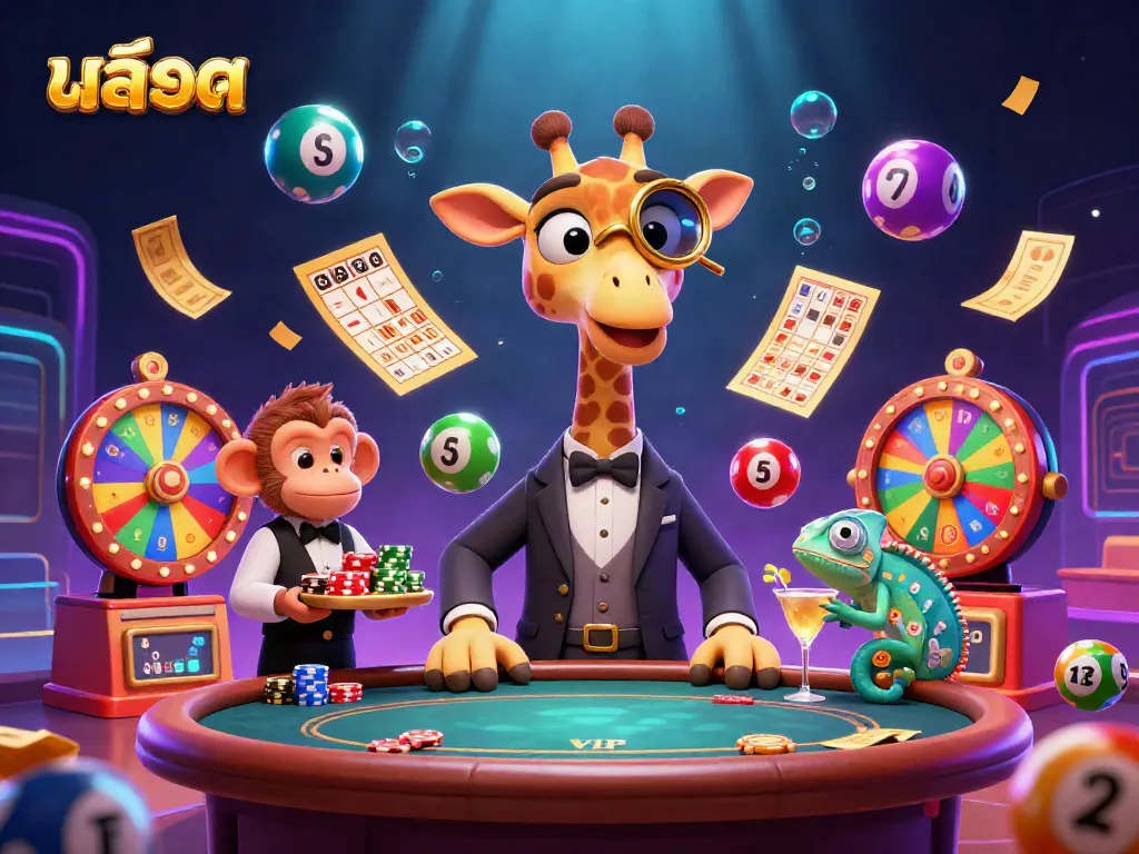 Engaging illustration of a giraffe in a suit at a VIP poker table, showcasing สล็อต.