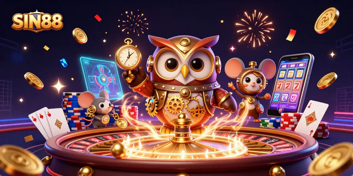 Engage with SIN88 as the cartoon owl and clockwork mouse celebrate winnings in a vibrant casino scene.