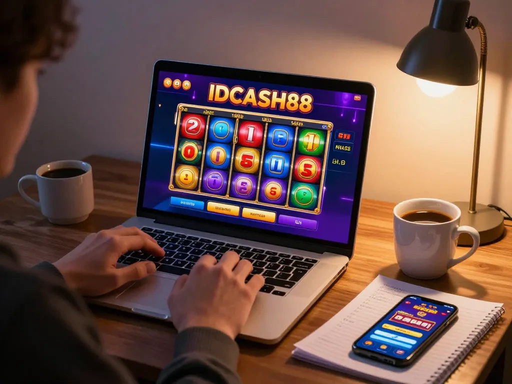 Engaging with IDCASH88 slots on a laptop, showcasing vibrant online gaming atmosphere