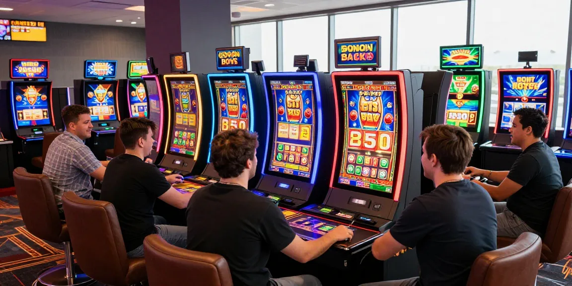 Exciting atmosphere of bonus buy slots UK at a vibrant online casino gathering, showcasing players engaged with digital slot machines, vibrant graphics, and Jackpot displays.
