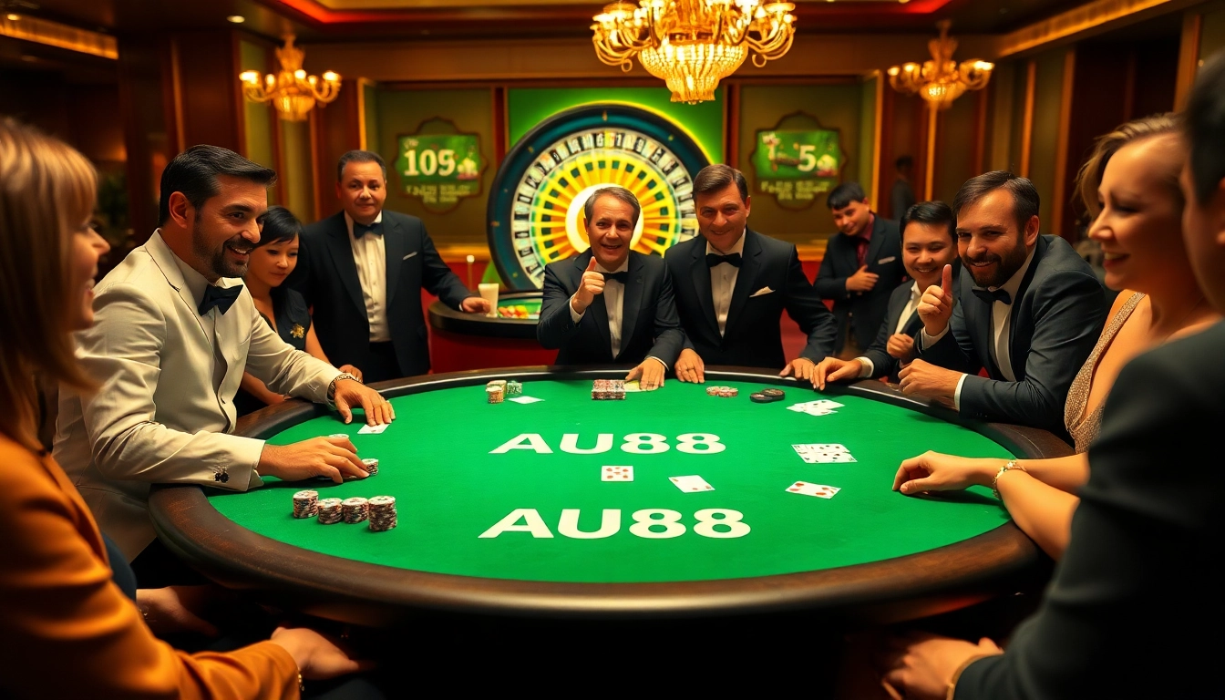 Players enjoying poker at AU88 casino table with chips and cards in action.