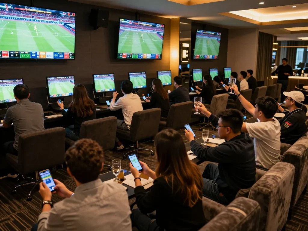 Engaged sports bettors celebrating a winning bet at TG88, surrounded by multiple screens showing live events