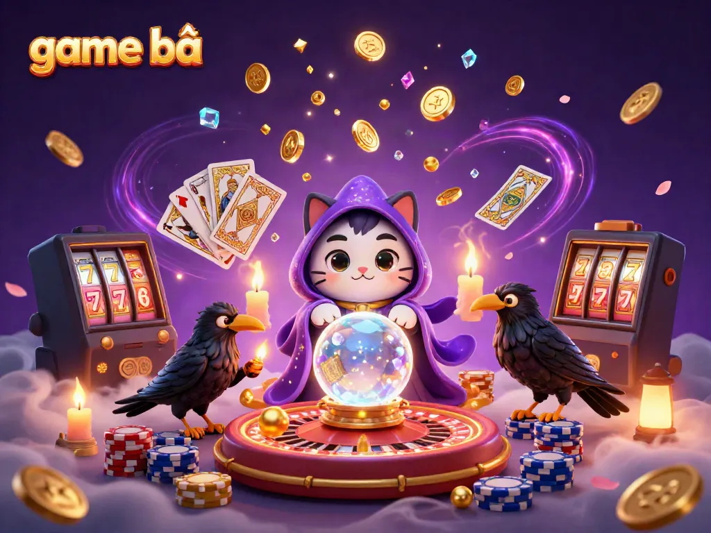 Experience dynamic game bài action with mystic characters amidst cascading coins and cards.